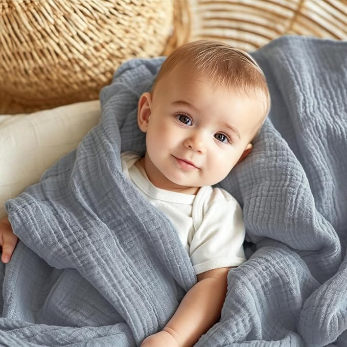 EMME Muslin Baby Blankets 100% Cotton 4-Layer Swaddle 40"x50" Lightweight Soft Breathable for Toddler, Infant, Newborn All Season Gauze Blanket, Dusty Blue