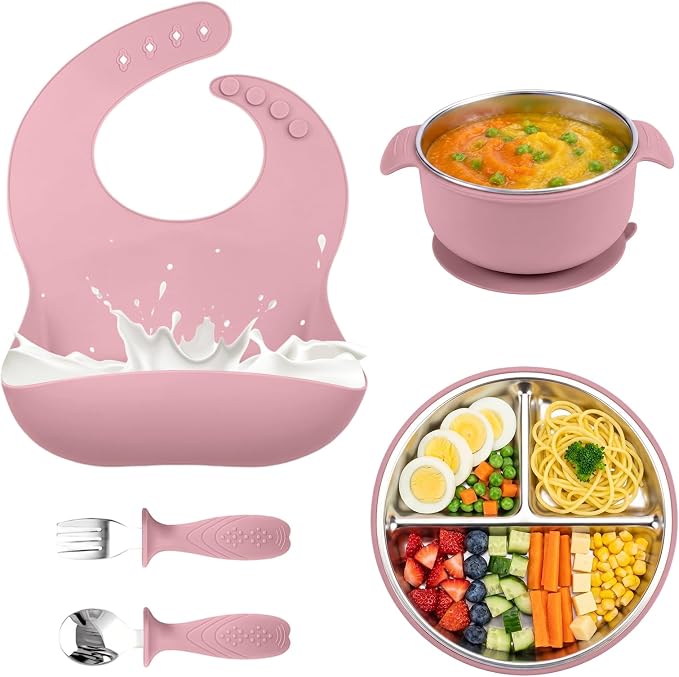 5-in-1 Stainless Steel Baby Feeding Set, Suction Divided Plates, Bowls, Silicone & Stainless Spoon Fork, Baby Tableware for Self-Feeding, Durable, BPA-Free (Pink)