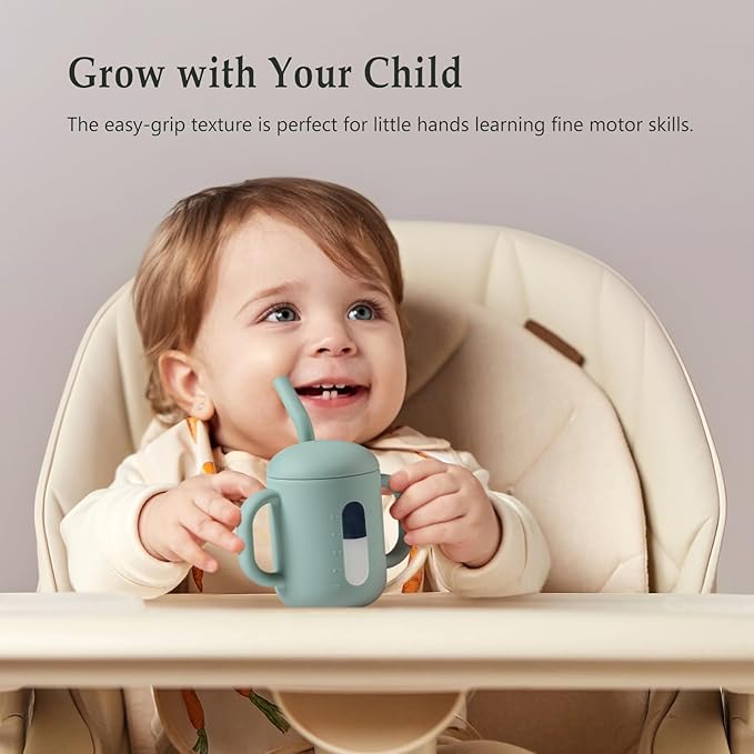 CLYMENE Silicone Training Cup with Straw & Handles | Baby Sippy Cup | Water Drinking Cup for Infants and Toddlers 6 Months+, 6 oz, Sage