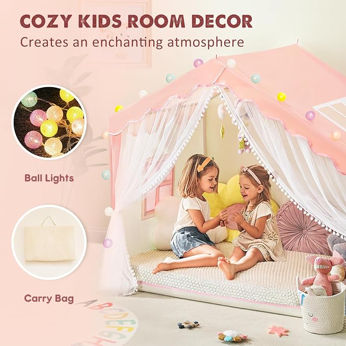 Kids Tent Indoor with Mat and Ball Lights - Play Tent for Kids Ages 4-8, Toddler Playhouse for Girls, 57" x 35" x 47" (Pink)