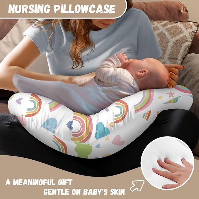 Rainbow Cloud Breast Feeding Pillow Covers, Ultra Soft Comfortable Slipcovers Stretchy Removable Cover for Breastfeeding Pillows for Baby Girl and Boy