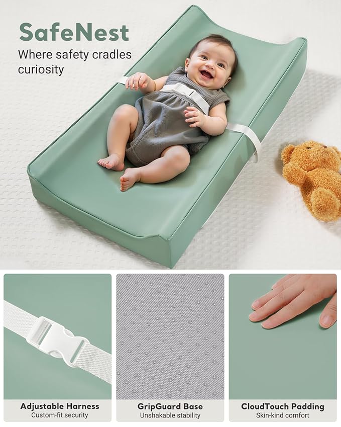 Vegan Leather Waterproof Baby Changing Pad - Wipeable, Extra Thick & Portable & Non-Slip Diaper Mat for Dresser, Crib, Travel | Soft & Safe (Green)