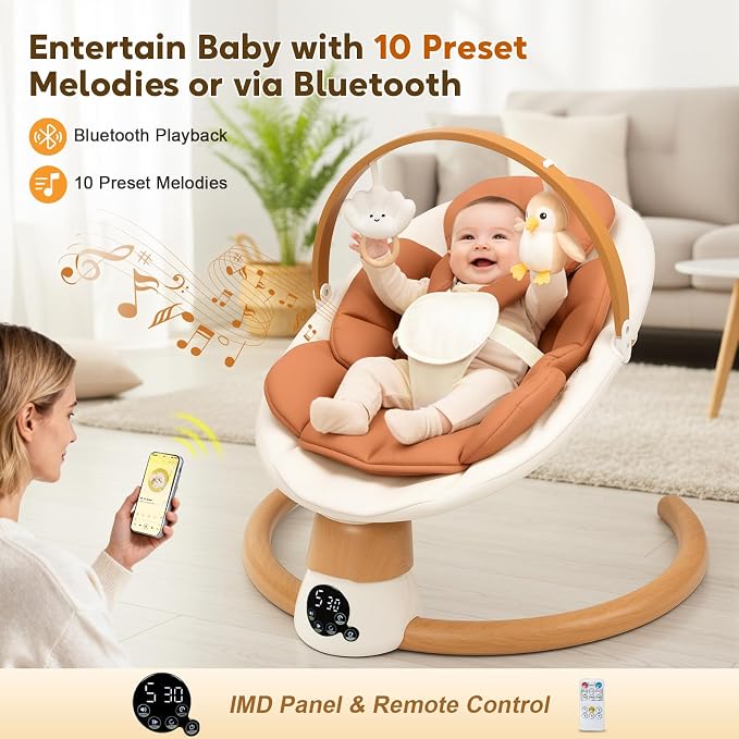 Baby Swings for Infants | Electric Portable Baby Swing with Bluetooth, 5 Swing Speed, 3 Timer Settings, 10 Melodies, 5-Point Harness & Remote Control | Indoor & Outdoor Newborn Swing (Brown)