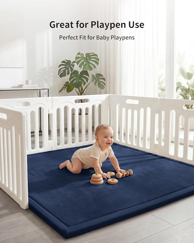 Goyuu Ultra Soft 1.3" Thick Baby Play Mat for Floor, 79x118 Playpen Mat Elasti-Foam Padded Crawling Mat for Babies, Toddlers, Infant, Kids, Non-Slip Backing Safe for Tummy Time, Dark Blue