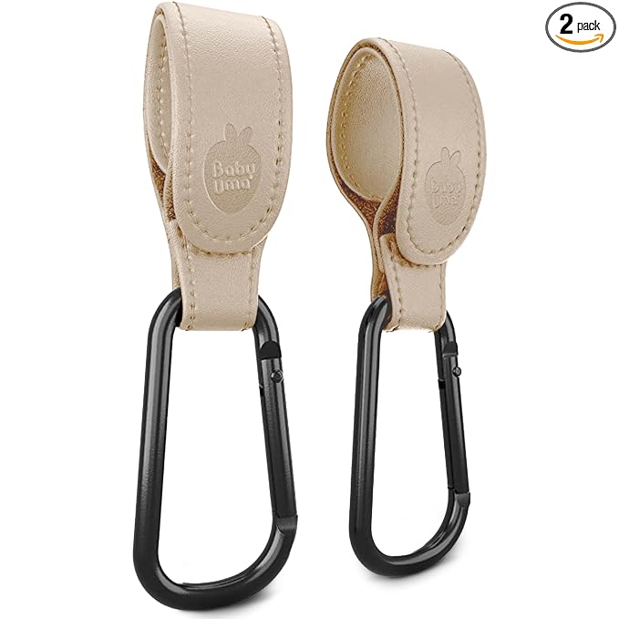 Baby Uma Stroller Hooks for Bags (2 Pack) - Leather-Style Stroller Clips and Hooks, Non-Slip Stroller Accessories, Carry 11 lbs Per Stroller Hook, Universal Baby Essentials & Stroller Accessories