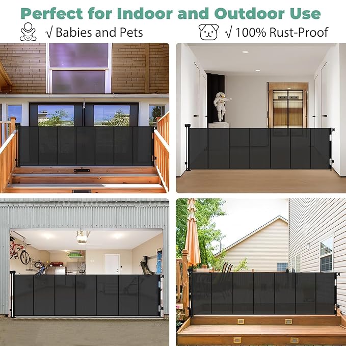 Reinforced 195 Inch Retractable Baby Gates Extra Wide Dog Gate with Support Rods ??Prevent Crawling Under, 16ft Wide Retractable Fence Outdoor Retractable Gate Indoor Long Gates for Kids or Pets/Black