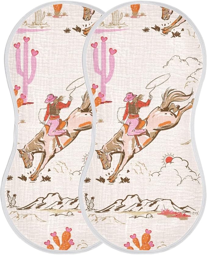 Cute Rodeo Cowgirl Muslin Baby Burp Cloths - Super Absorbent and Soft Burping Rags - Cotton Burp Clothes Set for Boys and Girls, 2 Pack