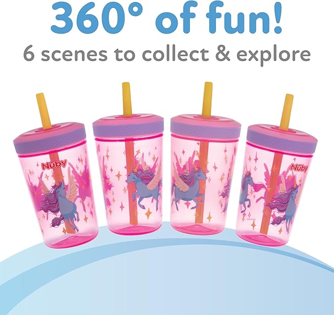 Nuby Thirsty Kids Super Sipper ??14oz No-Spill Toddler Cup with 360° Silicone Valve & Swivel Straw ??Leak-Resistant, Durable, Easy-Clean Design ??2 pk - Girls