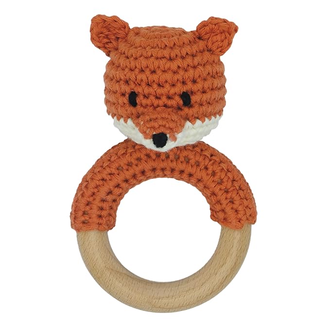 Joliecraft Safari Animals Wooden Baby Rattle Toys Stuffed Crochet Rattle with Teether Ring for Newborn, Orange Fox