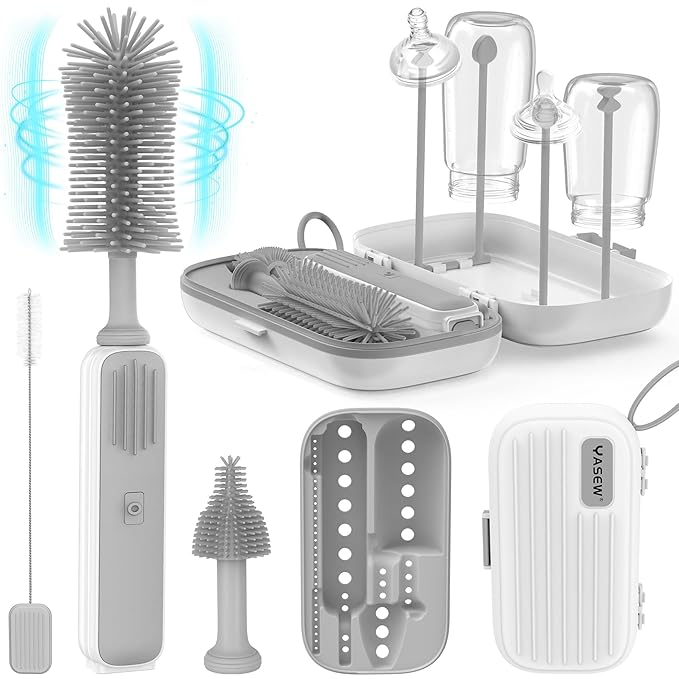 Yasew Electric Bottle Brush Cleaner, Baby Bottle Brush Travel Set, 360° Efficient Cleaning, 2000 mAh Battery, Travel Bottle Brush Set with Drainage Rack and Storage Box, Baby Travel Essential Grey