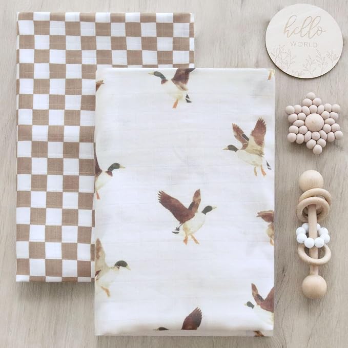 LifeTree Baby Swaddle Blankets, Boys Girls Muslin Swaddling Wrap Receiving Blanket for Newborn, 70% Viscose from Bamboo and 30% Cotton, Large 47" x 47", Duck and Coffee Checkered