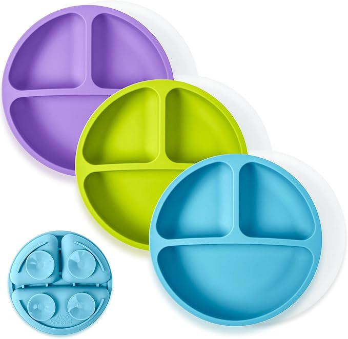WeeSprout Suction Plates with Lids for Babies & Toddlers - 100% Silicone, Dinnerware Stays Put, Divided Design for Picky Eaters, Microwave & Dishwasher Friendly, 3 Pack