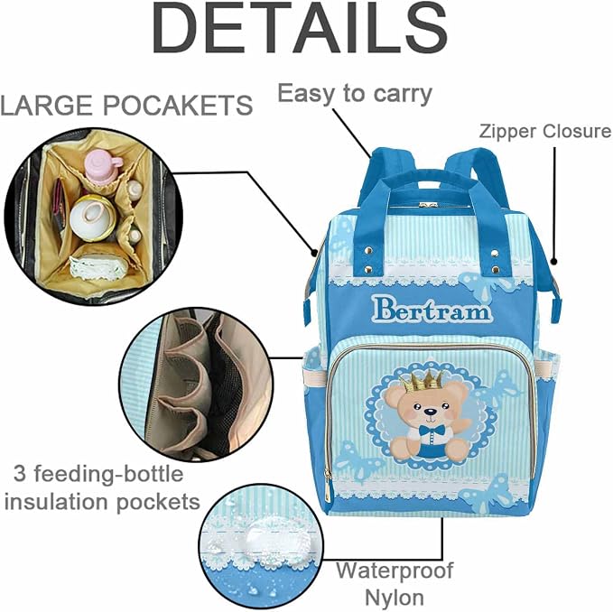 M YESCUSTOM Personalized Blue Vertical Stripe Butterfly Mommy Bag Custom Name Diaper Bag Backpack Customized Gift for Mothers Day Fathers Day