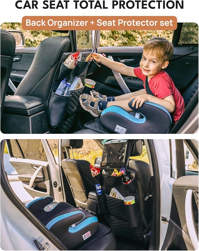Owleys Back Seat Car Organizer for Kids, Front Passenger Caddy, Center Row Vehicle Storage with Pockets ??Premium Eco Leather, 8 Compartments, Black Travel Accessory for SUV, Truck, Sedan, Van, Jeep