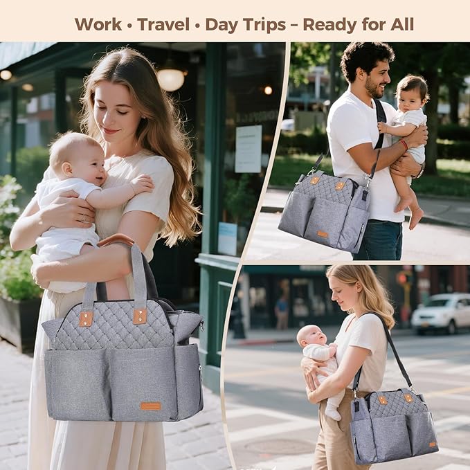 Lekebaby Diaper Bag Tote for Baby - 17 Pockets Large Travel Diaper Tote with Portable Changing Pad, Mom Crossbody Hospital Bag for Labor Delivery, Waterproof, Baby Essentials for Newborn Gifts, Grey