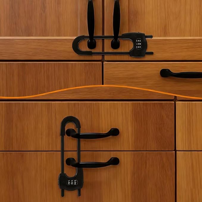 Upgrade 4 Packs Sliding Cabinet Locks, Baby Proofing U-Shaped Child Safety Latches ，Childproof Latches for Knobs, Handles on Kitchen Doors and Home Drawers Closet (Black, 4)