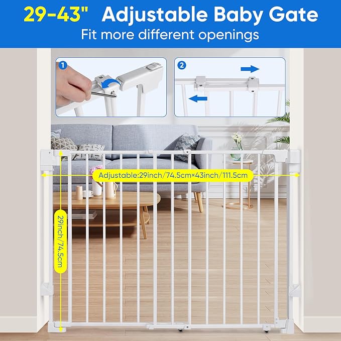 Upgraded 29-43" No Bottom Bar Baby Gate,Heavy-Duty Hardware Mount Dog Gate, Adjustable Baby Gate,for House/Stairs/Doorways Use, Safety Pet Gates with Gate Pulley,Walk Thru Door,Two Way Open