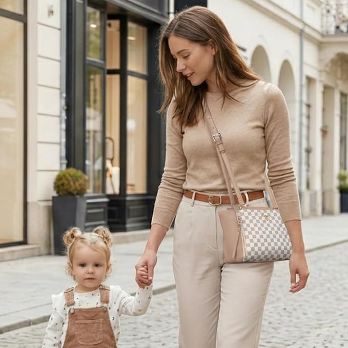 miss fong Checkered Small Diaper Bag Crossbody Diaper Bags, Diaper Bag Purse, Diaper Clutch Crossbody Bag leather Crossbody Bags for Women-Beige&honey