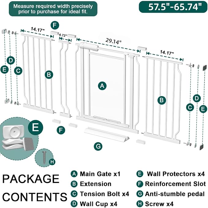 Triple-Lock Acrylic Extra Wide Baby Gate 57.5"-65.74", Crystal Clear Transparent Pet Gate for Dogs, Heavy Duty Metal Gate for Doorways, Pressure Mount Child Safety Barrier, Auto Close, White