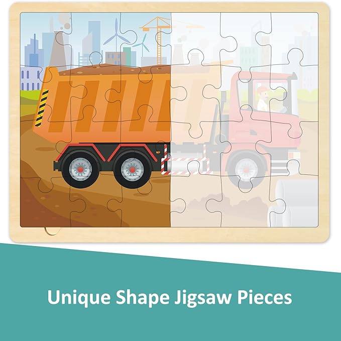 24 Piece Puzzles for Kids Ages 3-5, 4 Packs Wooden Jigsaw Puzzles for 3 Year Old Boys Girls, Construction Vehicle Puzzle for Kids Ages 4-6
