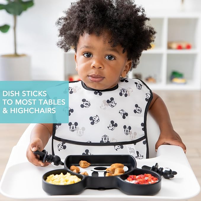 Bumkins Disney Mickey Mouse - Silicone Grip Dish, Training Chewtensils - For Ages 6 Months+ - Suction Base - 100% Food-Safe Silicone - Oven, Microwave, Freezer, & Dishwasher Safe