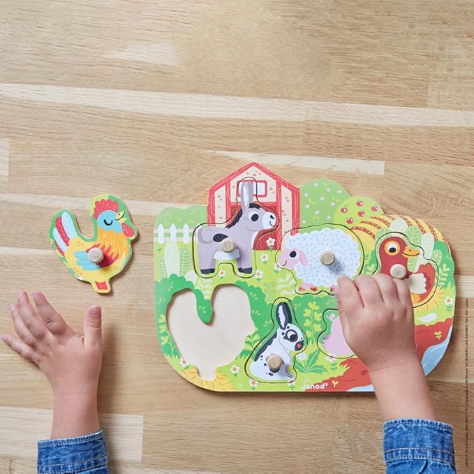Janod 6 Piece Colorful Happy Farm Wooden Knob Puzzle - Ages 18 Months+ - J07096