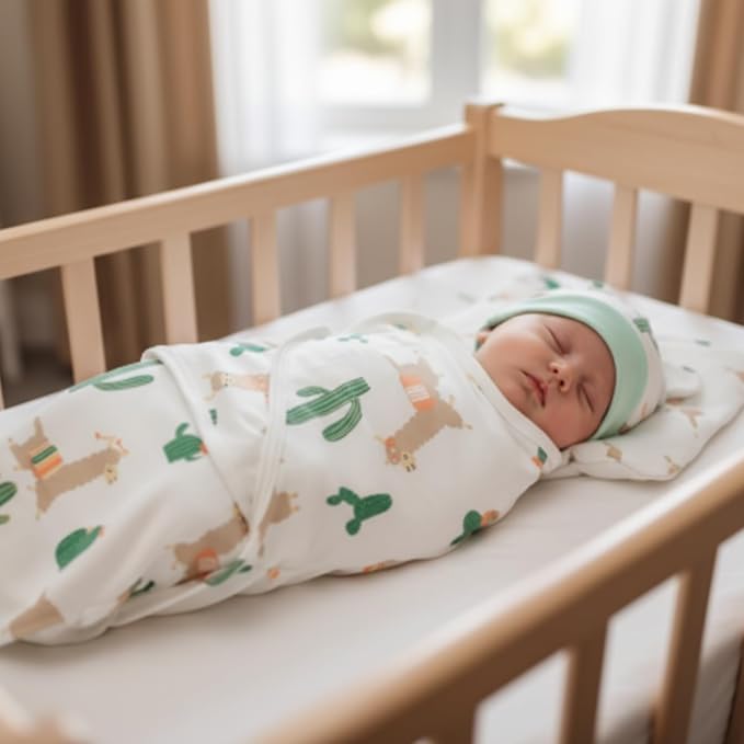 Ramede 6 Pack Swaddle Blanket with Hats for Baby Girl Boy 100% Cotton Swaddles 0-3 Months, Adjustable Breathable Skin Friendly Receiving Blanket Wrap, Essential for Newborns(Alpaca,Green)