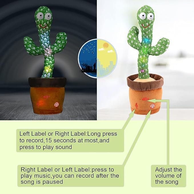 Dancing Talking Cactus Toy for Baby Boys Girls Toys, Adjustable Volume Dancing Cactus Toy Singing Mimicking Recording Repeating What You Say with LED English Sing Talking 15 Second Voice Recorder