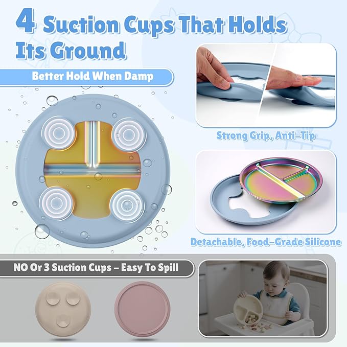 Goldusk Stainless Steel Baby Plates with Suction, 2pcs 9" Rainbow Kids Plates BPA-Free with Removable Food-Grade Silicone Base Baby Dishes Toddler Plates with Dividers, Blue & Green