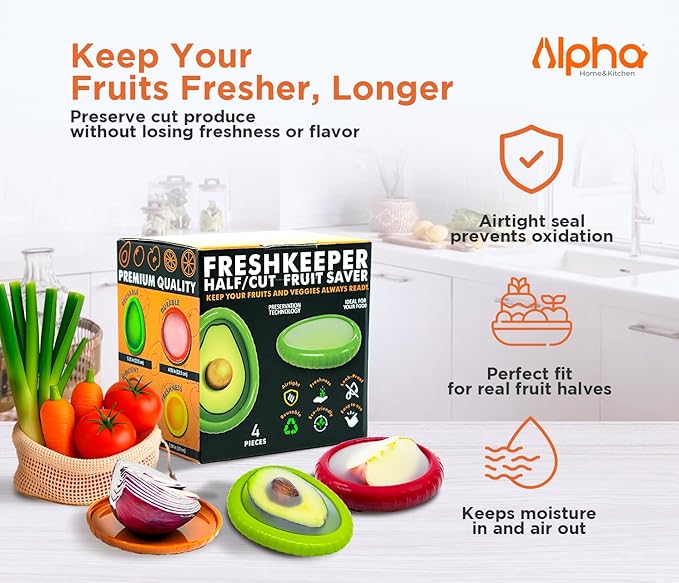 Avocado Saver & Onion Storage ??Set of 4 BPA-Free Food Containers with Silicone Lids ??Reusable Fruit and Veggie Savers, Fresh Pods for Food ??Perfect for Tomato Holder, Garlic, Lemon & More