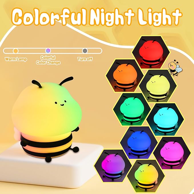 Attivolife Bee Night Light, Cute Bumble Bee Gift for Kid, Animal Silicone Nursery Lamp with 8 Color Light & Dimming & Timer, Rechargeable Bedroom Classroom Decor Birthday Xmas Gift for Girl Boy