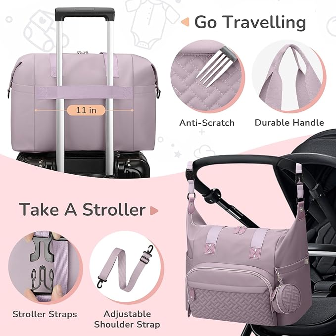 Tenot Diaper Bag Tote with Pacifier Case, Baby Bag for Women with Shoulder Straps, Travel Diaper Tote for for Mom and Dad Medium Size, Purper