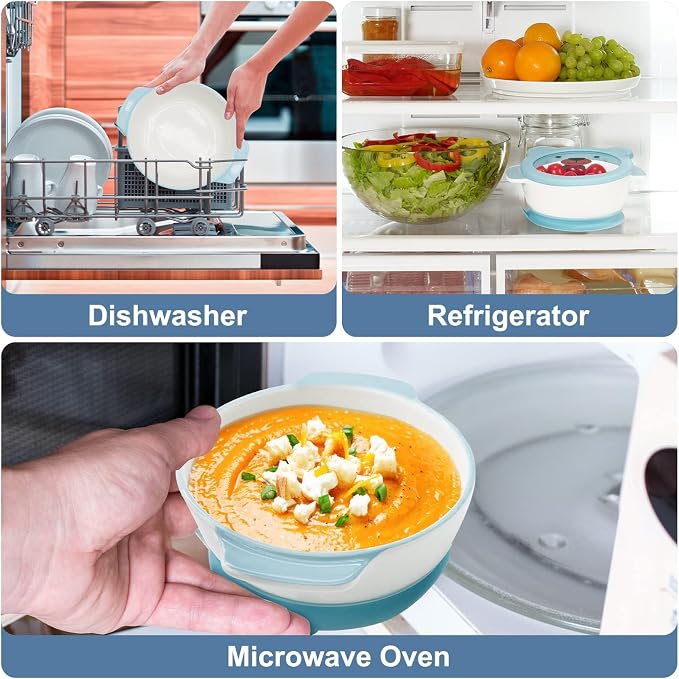 MR. CHOU Ceramic Baby Bowls with Suction Base, Infant Led Weaning Supplies with BPA Free Airtight Lid & Handles for Babies Self-feeding, 100% Food Grade Kid Bowls, Microwave & Dishwasher Safe, Blue