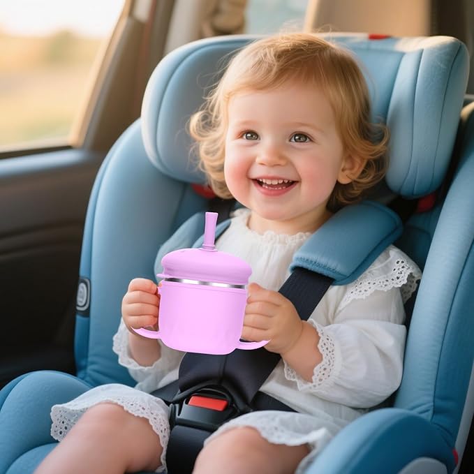 BUSOHA Stainless Steel Toddler Sippy Cup ??8oz Spill-Proof Straw Cup for 6+ Month Babies & Toddlers, 3-in-1 Reusable Travel Cup with Brush ??Dishwasher Safe, Kids Drinking Cup,Purple