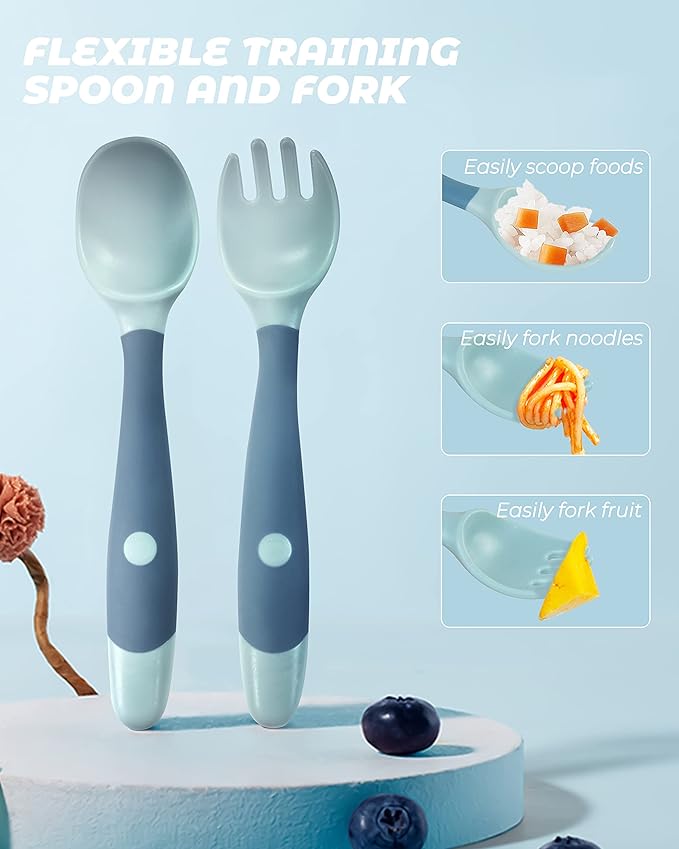 10 Pcs Toddler Utensils, Spoons and Forks Set with Bendable Handle, 5 Forks and 5 Spoons, Baby Feeding Set for Self Feeding
