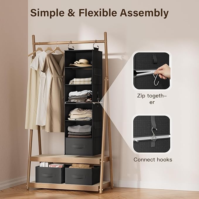 Pipishell 6-Shelf Hanging Closet Organizer with 2 Separable 3-Tier Shelves, 3 Drawers & Side Pockets Closet Organizers and Storage for Wardrobe Organization and Nursery Clothes Organizer, Black