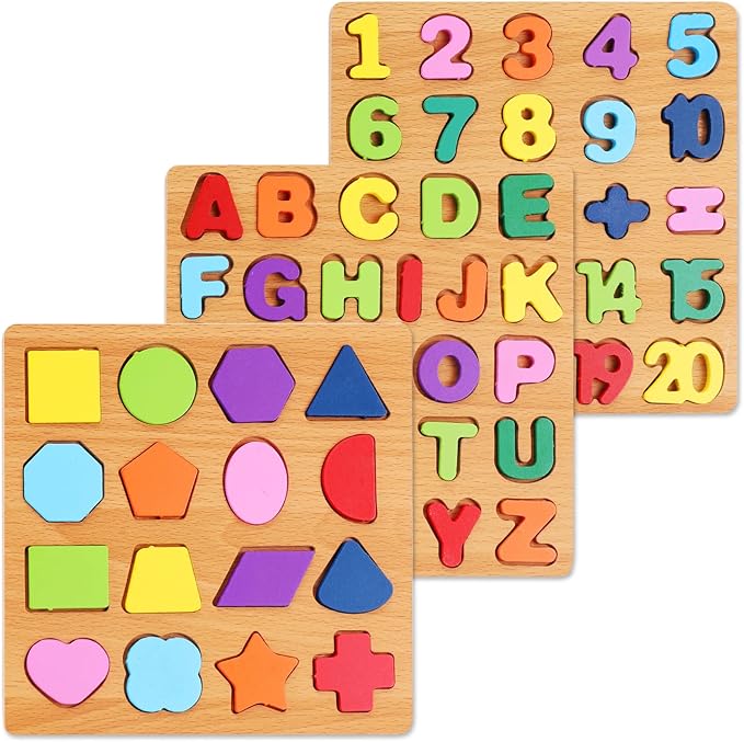 Alphabet Wooden Puzzles for Toddlers 3-5, Pack of 3 ABC, Number and Shape Puzzle, Preschool Educational Learning Toys with Puzzle Board & Letter Blocks for Girls Boys Ages 3 4 5 Years Old