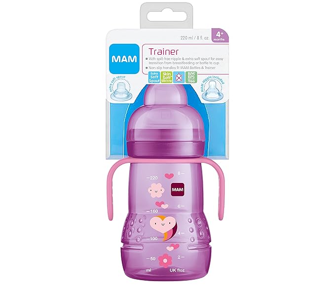 MAM Easy Start Matte Anti-Colic Baby Bottles, 9 oz (2 Count) & Plastic Trainer Cup (1 Count), 8 oz. Trainer Drinking Cup with Extra-Soft Spout