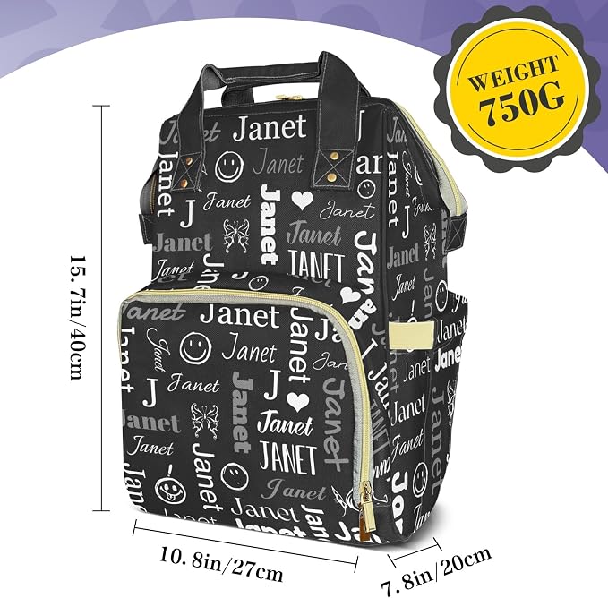 Custom Diaper Bag with Name Personalized Multifunctional Mommy Backpack for Daughter Granddaughter, Black Daypack Bag for Travel