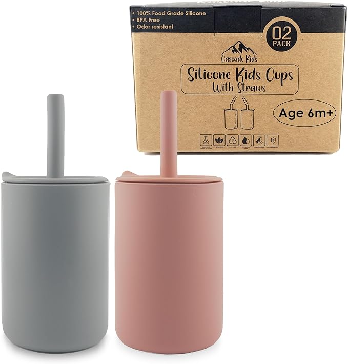 Silicone Toddler Smoothie Cups with Straw, Unbreakable Training Cup with Straw for Babies and Toddlers for less mess, BPA-Free Silicone Baby cup, 6+ Month, 6oz, 2 pack (Pink/Grey)