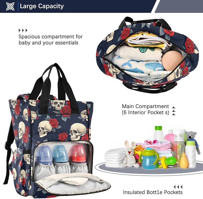 Skull Red Roses Diaper Bag Stroller Straps Unisex Mom Dad