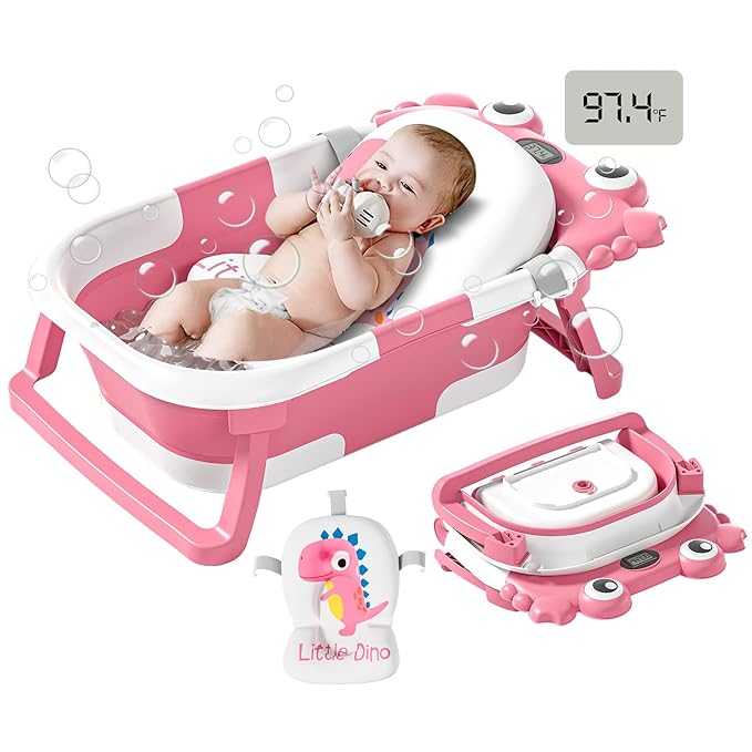 Collapsible Baby Bathtub for Newborns to Toddler with Real-time Temp Monitor & Floating Cushion,Portable Travel Tub for 0-36 Month, Foldable Baby Bath Tub for Infants Girl (Pink)