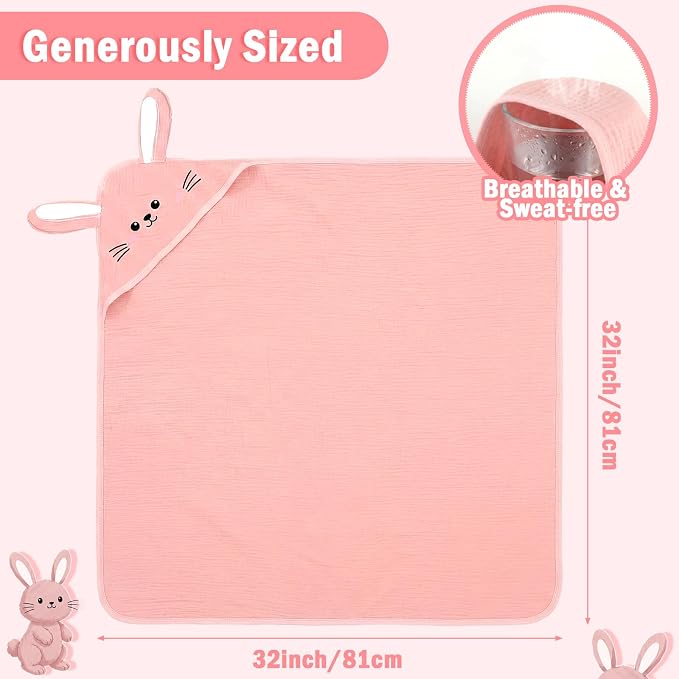 Mindsoft Muslin Hooded Baby Towel 100% Cotton Soft Absorbent Bath Towel with Cute Pink Bunny Design 32 x 32 Inch Muslin Baby Bath Essentials for Girl Babies Infant Toddler Kids