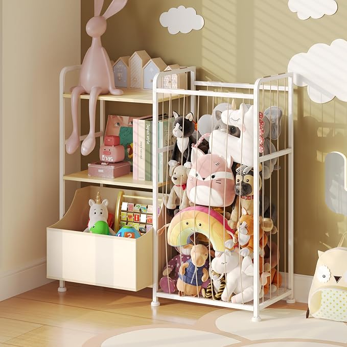 BBLIKE Kids Bookshelf and Toy Storage Organizer, Stuffed Animal Storage Holder with Fabric Toy Chest, 2-Tier Toddler Book Shelf for Kids Room, Playroom, Nursery, Beige