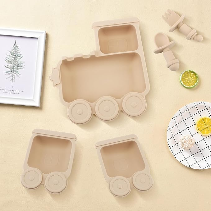 Baby Suction Plate Silicone, 5 Piece Baby Feeding Set - Non Slip Unique Trains Toddler Plates with Fork Spoon, Kids Baby Weaning Plate for No More Meal Time Mess (Beige)