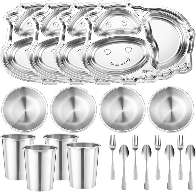 Jinei 20 Pieces Kids Stainless Steel Utensils Set Include 4 Cow Shaped Plates, 4 Bowls, 4 Cups, 4 Spoons, and 4 Forks, Stainless Steel Dinnerware Set for Toddler Utensils Silverware