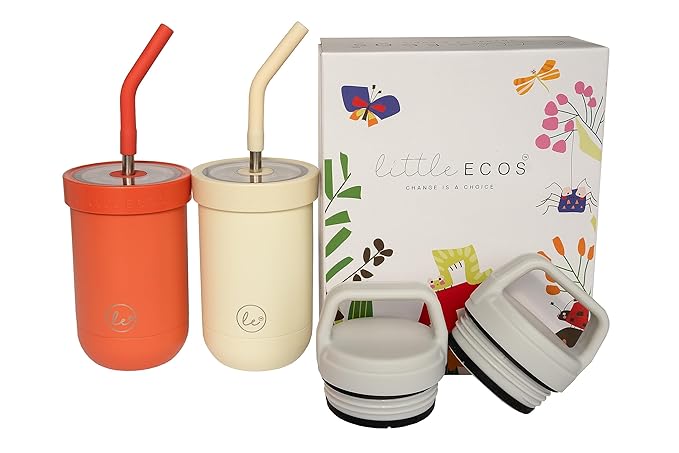 Toddler straw cups spill proof | Set of 2 Stainless steel Baby straw sippy cups for toddlers 2+ 3+ year old | Insulated Kids cup tumblers | Best training cups for toddlers 1-3