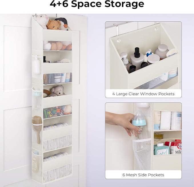 GRANNY SAYS Over the Door Organizer, 5-Shelf Waterproof Behind the Door Storage with 8 Pockets and Clear Window, Anti Tilt 45lb Large Capacity Door Hanging Organizer for Nursery, Laundry, Beige