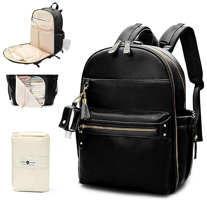 miss fong Diaper Bag Backpack Leather Diaper Bag, Baby Diaper Bag for Baby, 16 Pockets with Hand Sanitizer Holder, Changing Pad, 2 Insulated Pockets(Black)