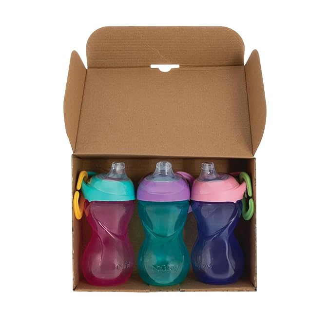 Nuby No-Spill Clik-It Soft Spout Sippy Cup with Carabiner Clip - (3-Pack) 10 oz - Baby Sippy Cup for 6+ Month Old with Easy Grip - Aqua/Pink/Purple